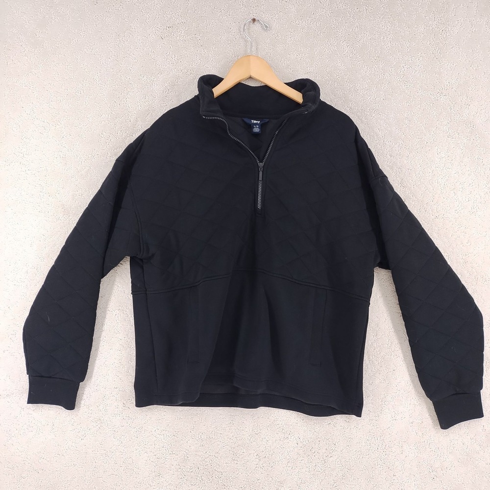Tilley Pullover Mens XL Black Quilted Half Zip Sweatshirt Kangaroo Pocket Casual